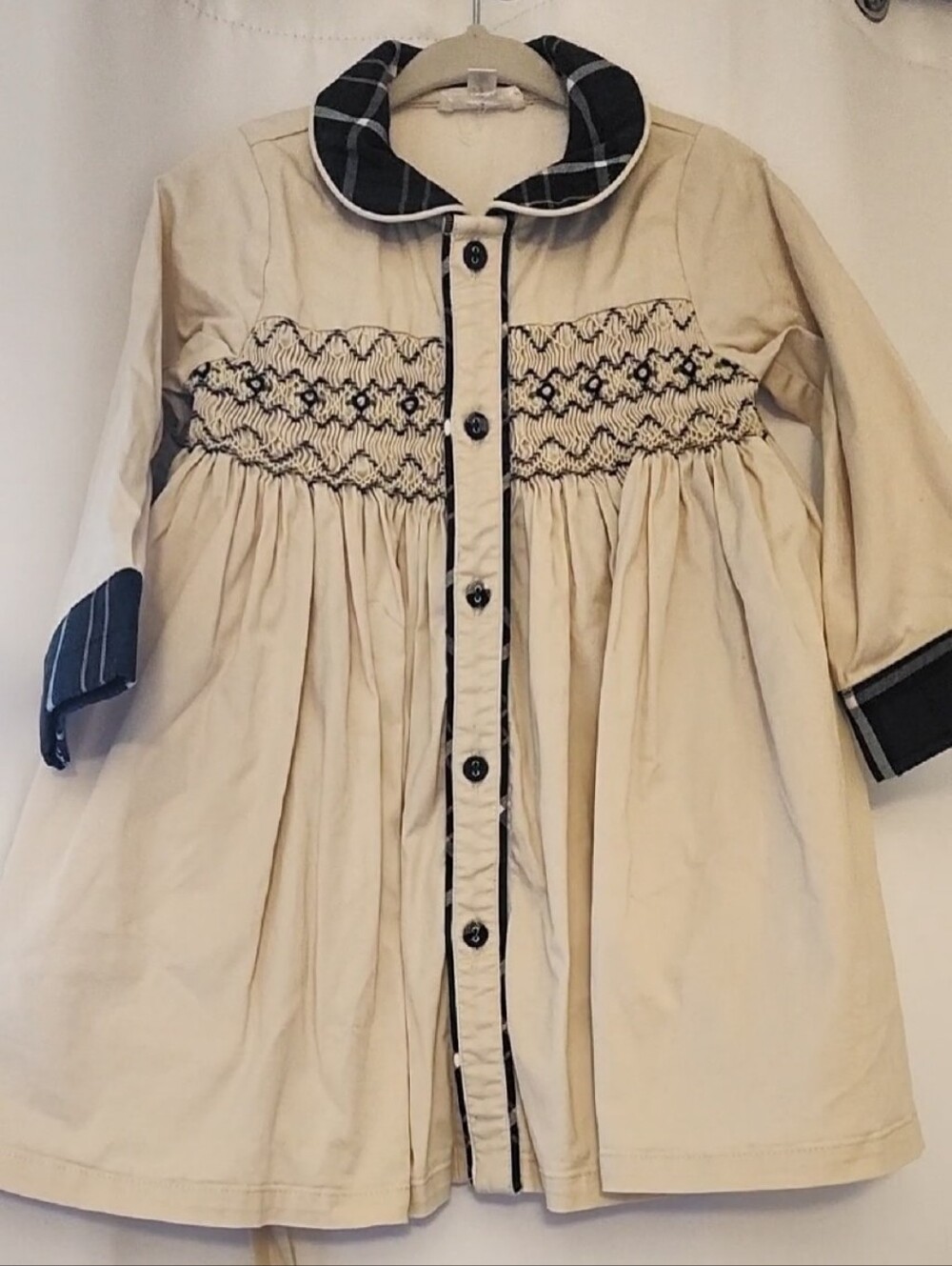 Smocked Cream Button-Down Dress with Green Plaid Trim